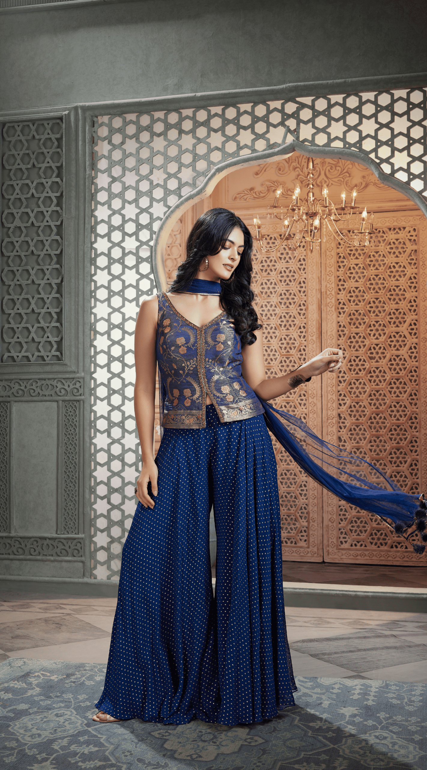 Stunning Blue Georgette Palazzo Jacket Style Suit